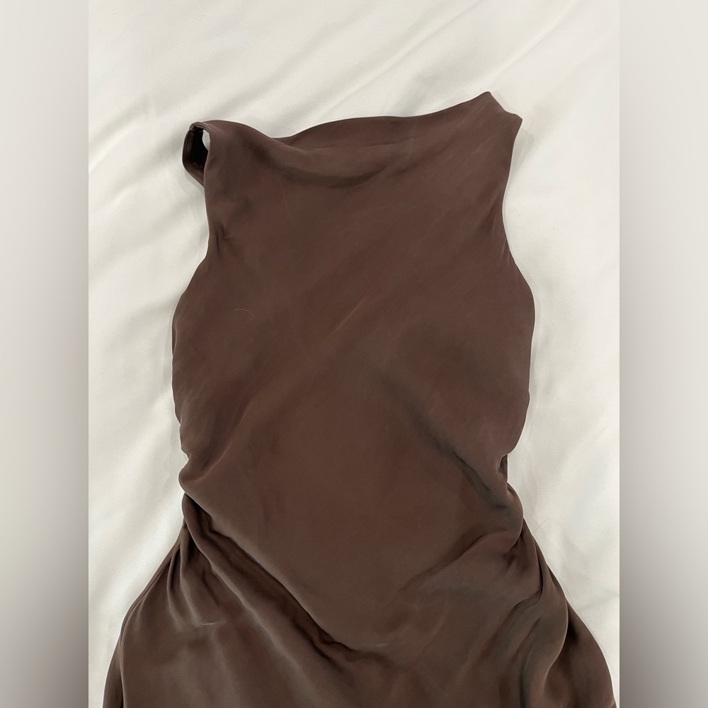 GUC quince washable stretch silk high neck midi dress brown hot fudge xs - Picture 3 of 16